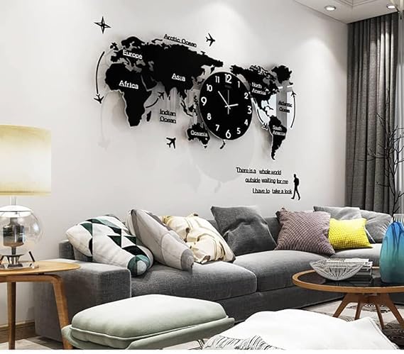 Acrylic World Map Wall Clock Black - Zabcart