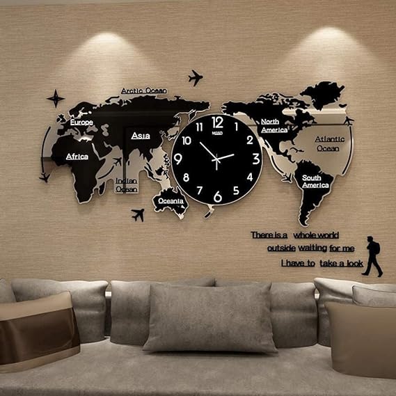Acrylic World Map Wall Clock Black - Zabcart