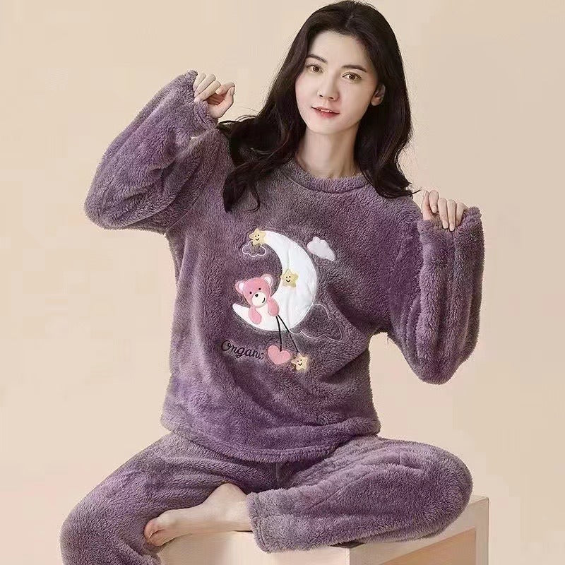 Cartoon Sleepwear Set Long Sleeve Female Flannel Pajamas star - Zabcart