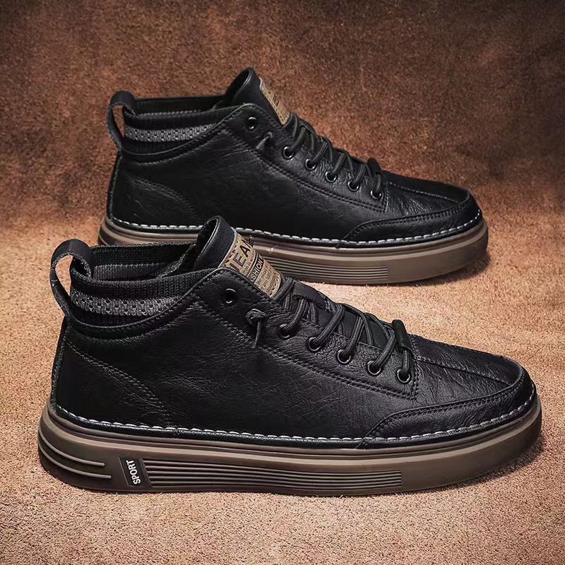 Men Black High-Top Leather Shoes - Zabcart