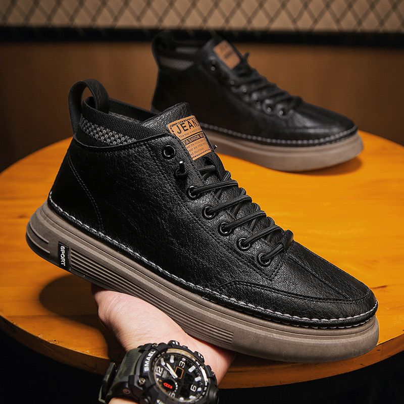 Men Black High-Top Leather Shoes - Zabcart