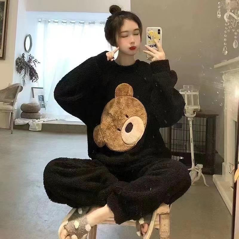 Cartoon Sleepwear Set Long Sleeve Female Flannel Pajamas panda - Zabcart
