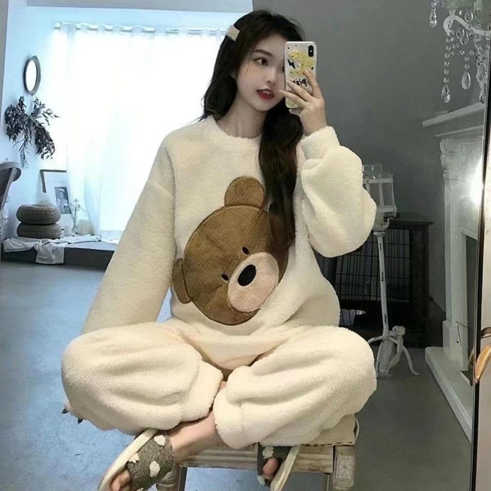 Cartoon Sleepwear Set Long Sleeve Female Flannel Pajamas panda - Zabcart